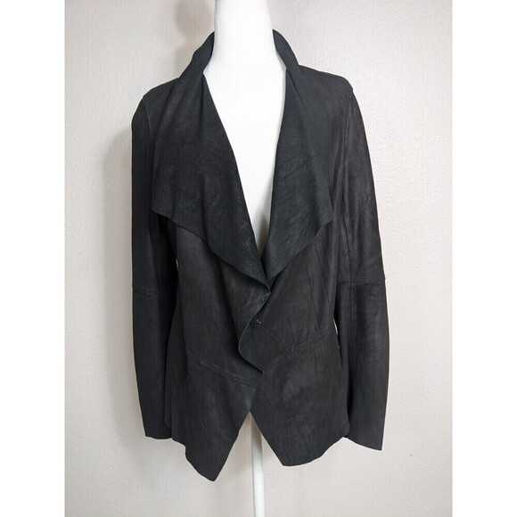 $784 Revolve LA FEE VERTE DRAPE FRONT PAPER LEATHER Black JACKET Blazer Sz M N16
